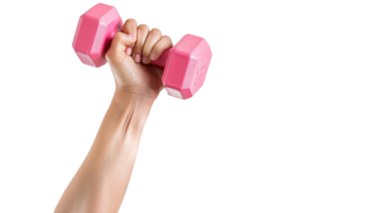 Woman lifting pink dumbbell on transparent background: fitness and exercise concept