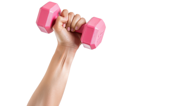 Woman lifting pink dumbbell on transparent background: fitness and exercise concept