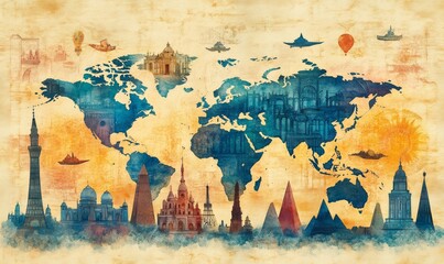 Fototapeta premium World map with famous landmarks and various transportation methods, representing global travel and exploration