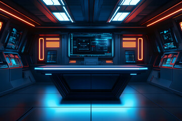 Futuristic Control Room Interior with a Glowing Blue Podium Base Display