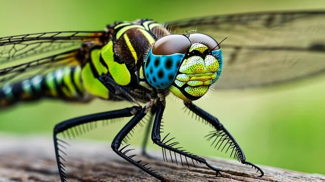 Close view of a colorful dragonfly resting on a wooden surface in a lush green environment during midday light