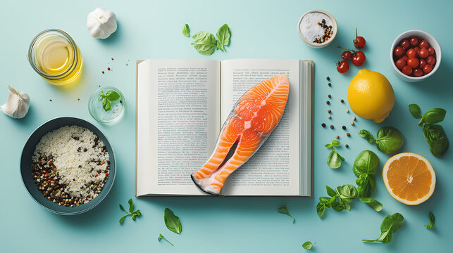 Culinary Inspiration: A vibrant, overhead shot showcases a salmon fillet on an open cookbook surrounded by an array of fresh ingredients, from herbs and spices to citrus fruits.