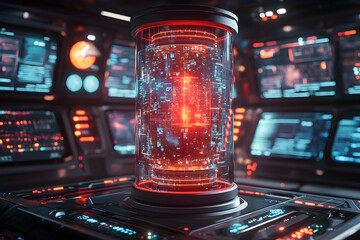 Futuristic Cylindrical Glass Podium with a Glowing Red Core in a Tech Environment