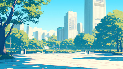 Obraz premium 夏の日差しが降り注ぐ都会の公園｜木漏れ日と高層ビルが織りなす爽やかな都市風景｜近代建築と豊かな緑が融合する憩いの空間