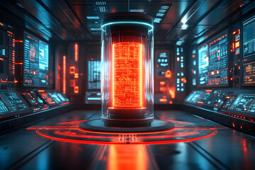 Futuristic cylindrical glass podium with glowing red core and laboratory interior