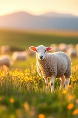 Fototapeta premium Sheep in flower grass field in Spring.