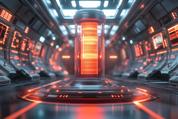 Futuristic glass podium with glowing red core in a spaceship interior