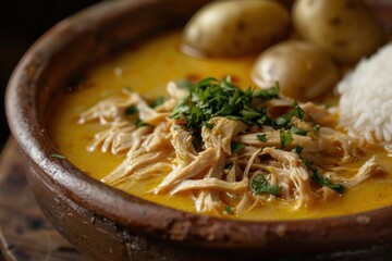 Hearty Chicken Stew with Potatoes and Rice in a Ceramic Bowl Garnished with Fresh Herbs for Cu