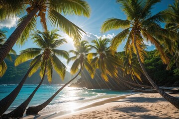 Tropical Paradise Beach in Bermuda with Swaying Coconut Palms Under Sunny Skies