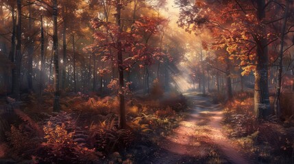 Obraz premium A sunlit forest path through trees during autumn season