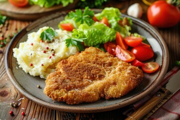 Crispy Breaded Cutlet with Mashed Potatoes and Fresh Salad on a Rustic Plate