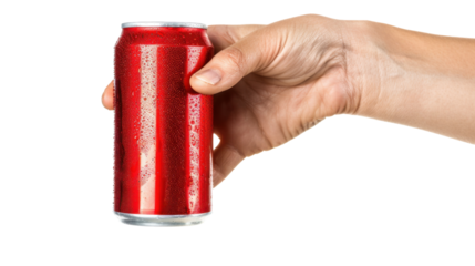 Woman hand holding a red aluminum can with condensation on transparent background