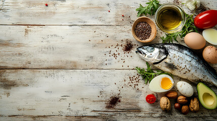 Healthy Plate: An overhead shot of a diverse assortment of fresh, wholesome foods that emphasize nutrition, including a fresh fish, eggs, seeds, olive oil, tomato and avocado.