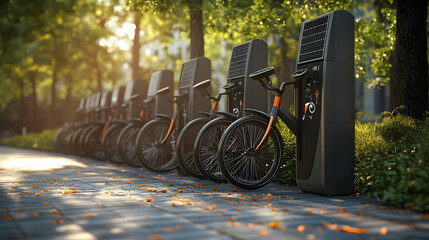 Modern bike sharing station in an urban park setting with solar power and digital displays enhances environmentally friendly commuting