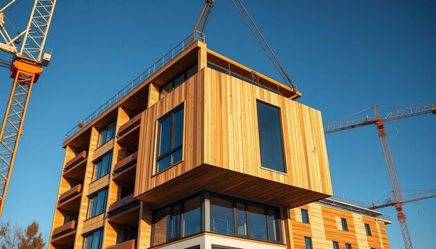 Crane lifts prefabricated wooden module onto office building under construction, Berlin,  structural engineering,  development