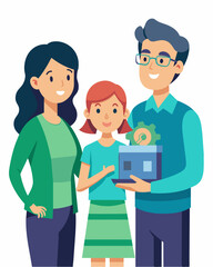 Fototapeta premium A young girl proudly shows her parents the 3D printed sculpture she designed and coded herself using a programming language.. Vector illustration