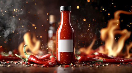 Fototapeta premium Spicy Elixir: A bottle of vibrant red hot sauce sits center stage, surrounded by a fiery display of chili peppers, flames, and smoky vapor, evoking a sense of intense flavor and culinary artistry.