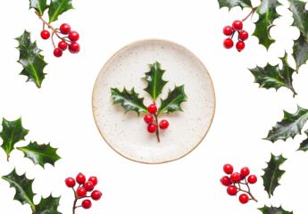 Festive Holly Leaves and Red Berries on Ceramic Plate with White Background