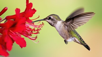 Naklejka premium A hummingbird approaching a red flower preparing to drink nectar