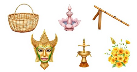 Asian Culture Heritage Basket Mask Fountain Lamp Flowers