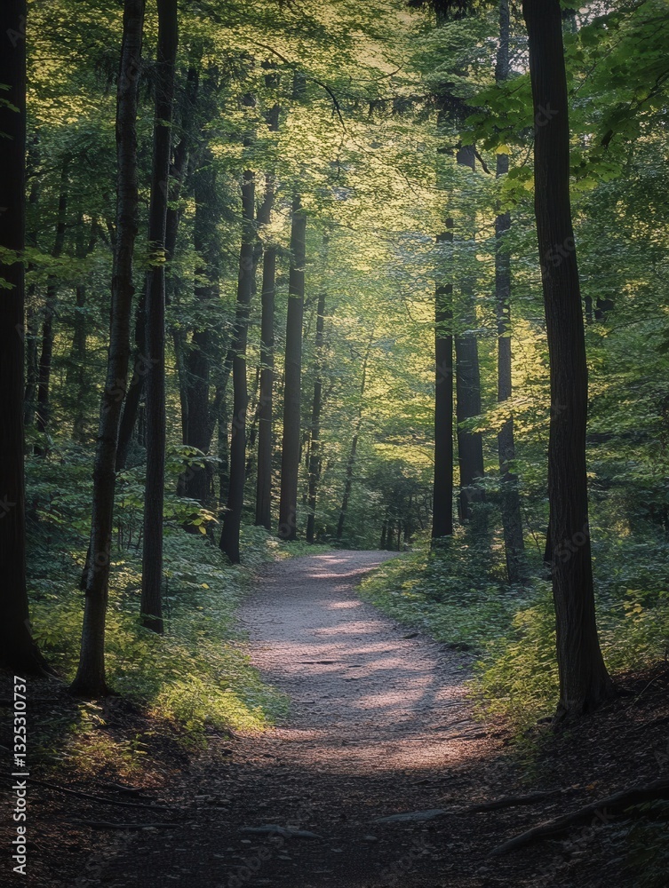 Poster forest path invites exploration through dense trees with sunlight illuminating the serene landscape
