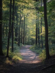 Fototapeta premium Forest path invites exploration through dense trees with sunlight illuminating the serene landscape