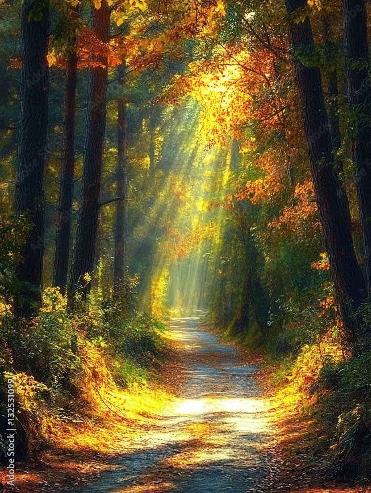 Poster Serene forest path inviting exploration under sunlight filtering through tall trees