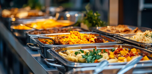 Obraz premium Culinary Showcase: A vibrant array of delicious dishes displayed in a restaurant buffet, inviting the eyes and satisfying taste buds.