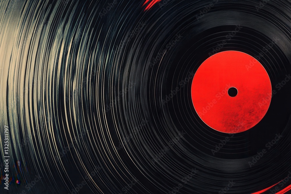 Poster vinyl record texture featuring red soundwave ripples and golden ratio design for a retro-modern aest