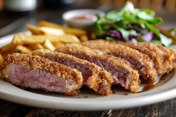 Juicy Sliced Steak with Crispy Exterior French Fries and Fresh Salad on a Plate  Perfect for