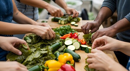 Group preparing fresh vegetables for cooking healthy meal together red food diet hands green vegan