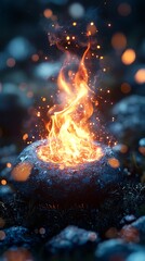 A vibrant campfire burning on a dark stone surface with smoke