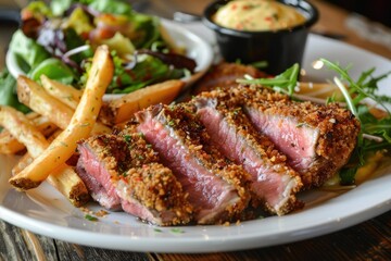 Gourmet Steak Platter with Crispy Fries and Fresh Salad A Culinary Delight for Food Enthusiast