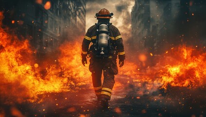 Brave firefighter walking through flames in full protective gear with oxygen tank on back in a burning city with fire and smoke surrounding the scene