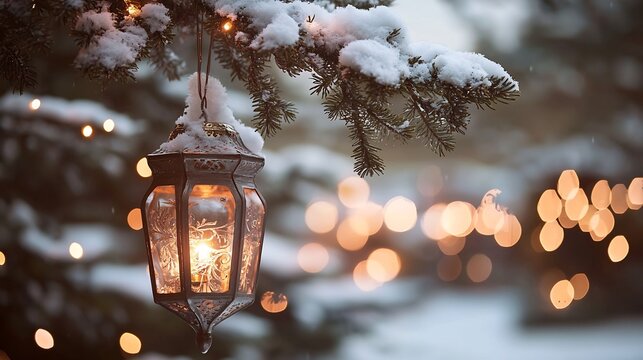 Elegant Christmas lantern hanging from a snow covered tree branch glowing against a backdrop of a wintery outdoor scene with twinkling lights