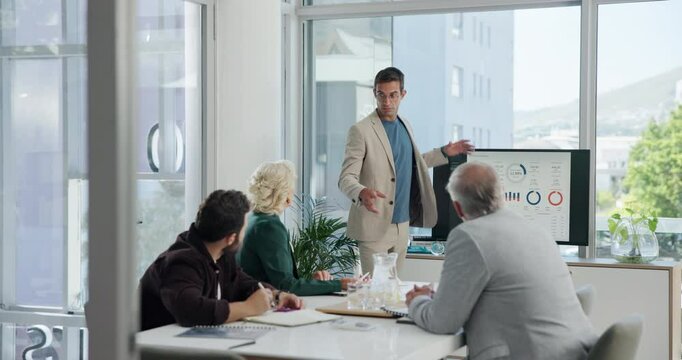 Man, presentation and monitor with graphs in boardroom for feedback, accounting or financial planning. Person, leader or speaker with group, charts and stats for profit, revenue and review at office
