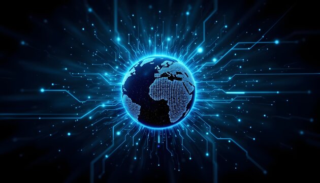 A futuristic stock photo featuring a digital globe embedded with binary code and glowing data streams, symbolizing technology and connectivity in the modern world.