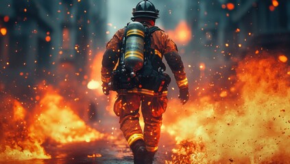 Fototapeta premium Brave firefighter walking through flames in full protective gear with oxygen tank on back in a burning city with fire and smoke surrounding the scene