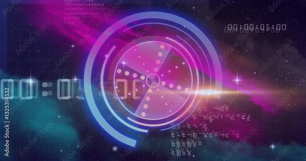 Poster animation of futuristic digital interface with circular patterns and binary code