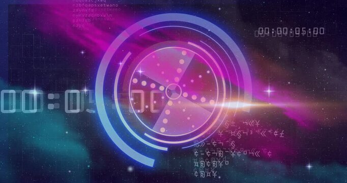 Animation of futuristic digital interface with circular patterns and binary code