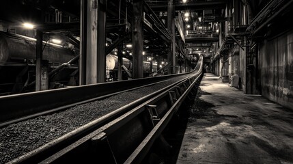 Obraz premium Coal Conveyor Belt in Dark Industrial Plant 