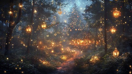 Enchanting Christmas Eve scene in a dense forest with glowing lanterns twinkling fairy lights and a cozy festive charm