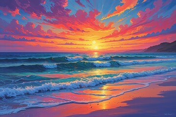 Vibrant Abstract Sunset Beach Art with Colorful Ocean Waves and Serene Atmosphere