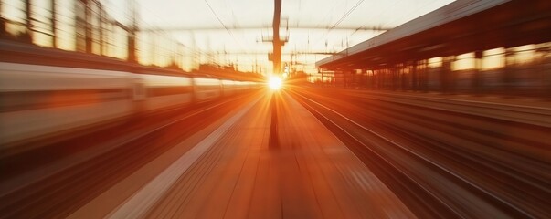 A fast moving train on tracks illuminated by sunset light