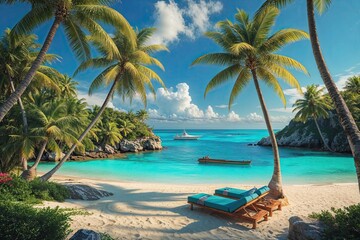 Fototapeta premium Exotic Beachfront Oasis with Palm Trees and Breathtaking Turquoise Waters