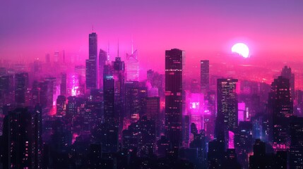 Fototapeta premium A futuristic cityscape glows under a vivid purple and pink sky