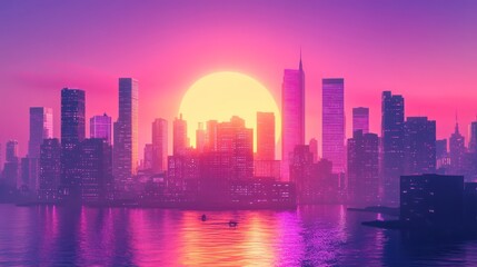 Fototapeta premium A vibrant sunset illuminates the skyline of a city across the water