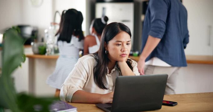 Remote work, laptop and mother with stress in home reading email for company overdraft protection approval. Computer, mom and freelance accountant with online tax audit or business expense claim.