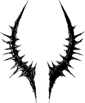 Pair of jagged spiked black symmetrical shapes resembling demonic horns or bone-like structures, drawn in an aggressive sharp style against a stark white background