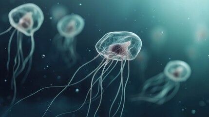 Obraz premium Exploring the Fascinating Underwater Realm of Jellyfish and Microscopic Life Forms in Our Oceans